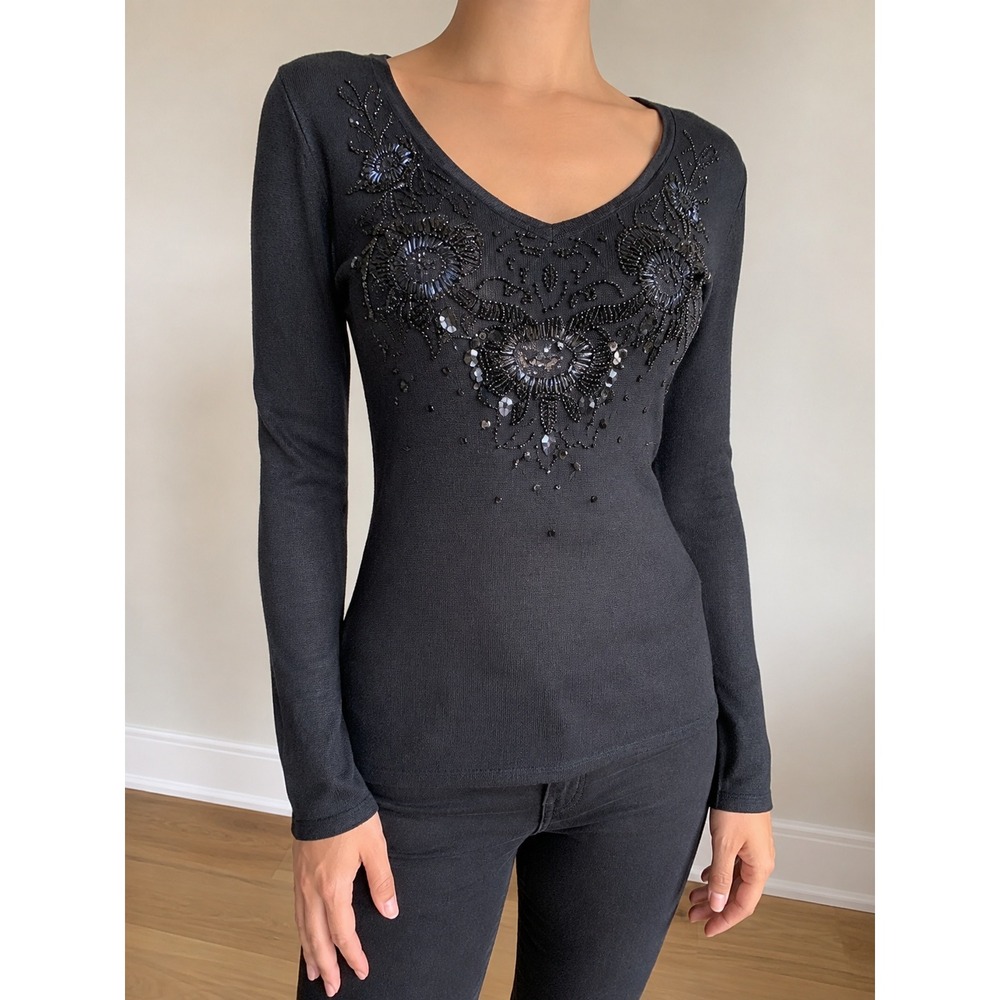 Embellished Black Knit Sweater Top Women Small Bead Sequin Evening Party Dressy